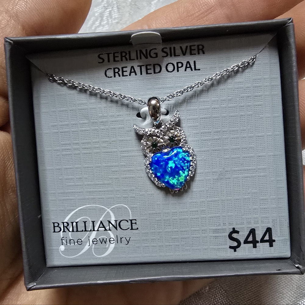 Sterling Silver Created Opal Owl 18” Necklace Fairy Bohochic Prairie Whimsical